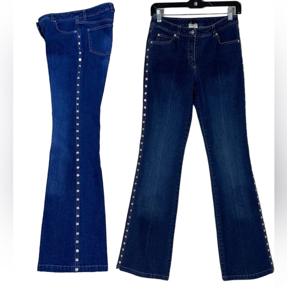 Escada High Rise Signature Studded Structured Flare Medium Wash Jeans EUC 26 /34